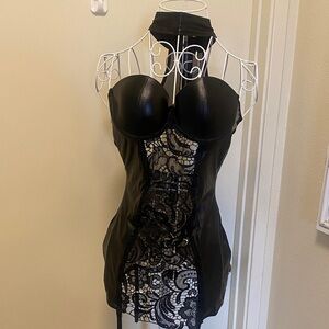 Black Lace-Panel Bustier Chemise with Garter Straps
